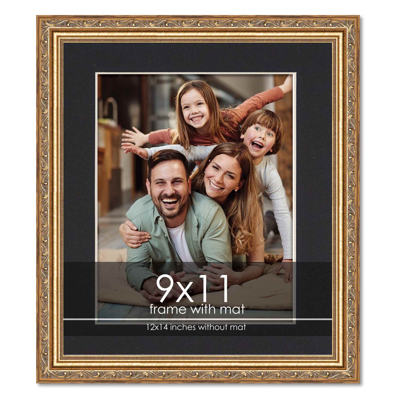 Antique Gold Frame with Black Photo Mat, UV Acrylic Front, Foam Board Backing, 60 Sizes Available